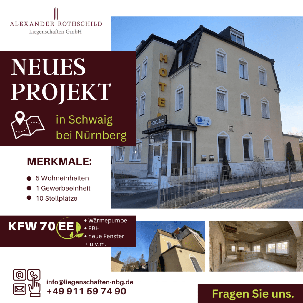 Diese kernsanierte Immobilie in Schwaig bei Nürnberg ist eine attraktive Investitionsmöglichkeit mit guten Renditechancen. Die hochwertige Ausstattung, die verkehrsgünstige Lage und der hohe Energiestandard machen diese Liegenschaft zu einer gefragten Adresse für Mieter und Gewerbetreibende.